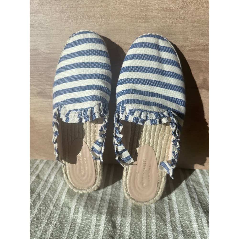 Kate‎ Spade Blue White Striped Ruffle Espadrille Slides Womens Size 8